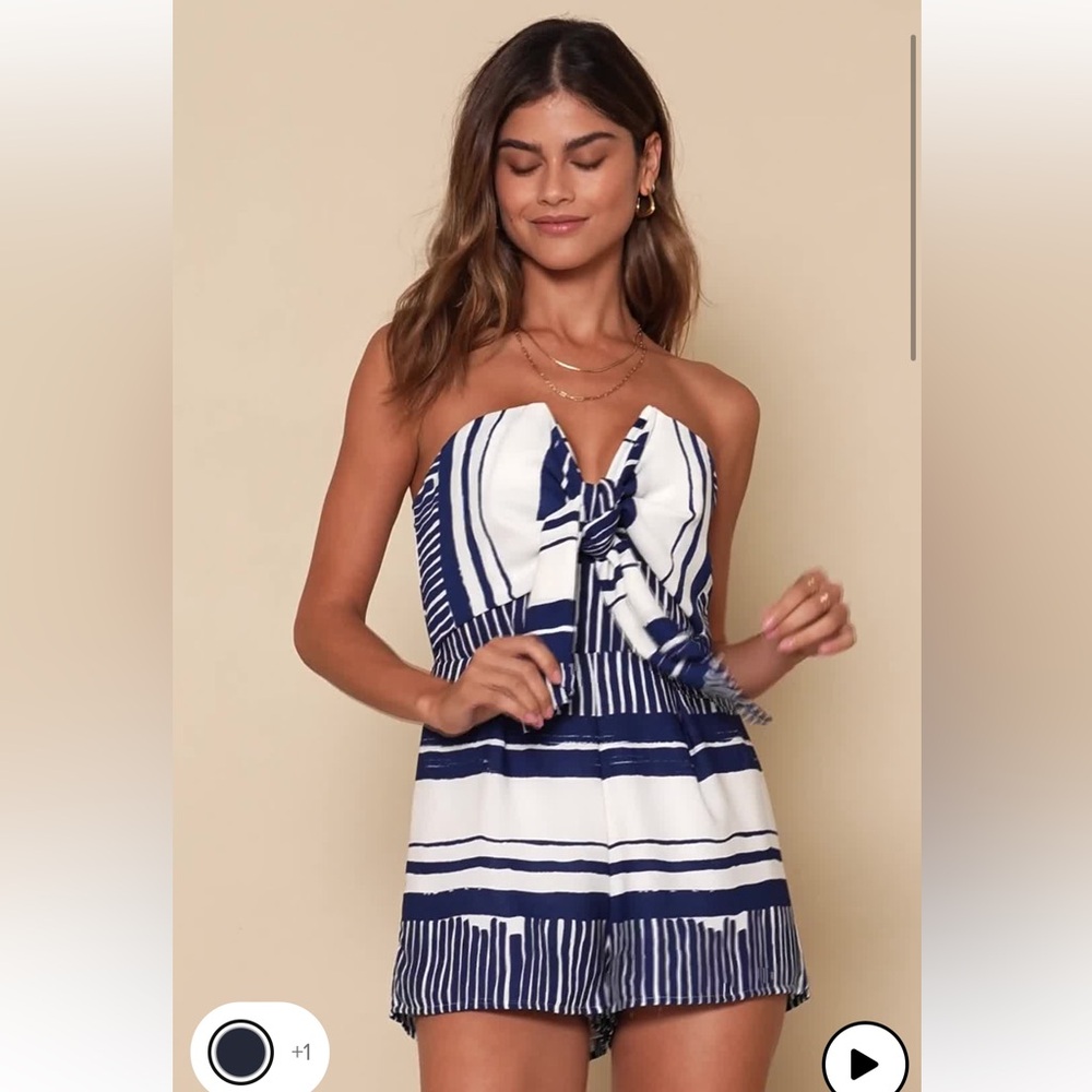 Lulus Delphi blue and white striped front tie strapless romper